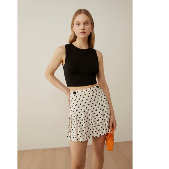 REFORMATION Women's Portia Polka Dot Pleated Mini Skirt 8 -Off-White/Black NWT - Picture 2 of 5